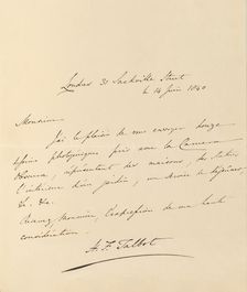 [Manuscript Letter from W. H. Fox Talbot to Antonio Bertoloni], 1840. Creator: William Henry Fox Talbot