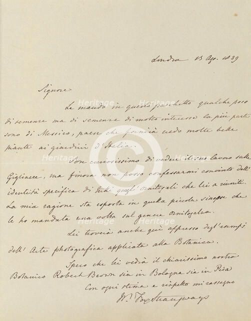 Manuscript Letter from William-Fox Strangways to Antonio Bertoloni, 1839. Creator: William Thomas Horner Fox-Strangways.