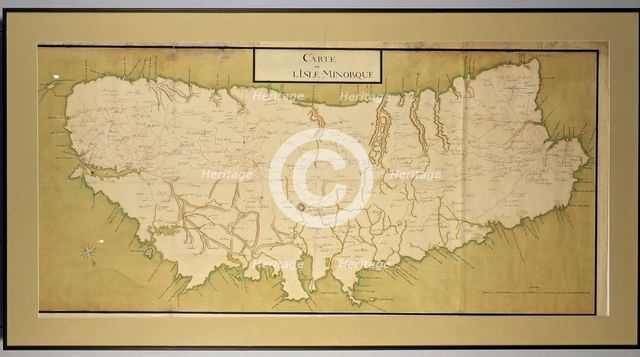 Manuscript map painted in gouache of the island of Menorca with names, Menorca language, Spanish …