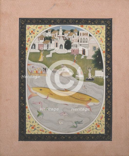 Manuscript Painting with Hindu Tantric Scene Depicting Two Fish, 1800-1820. Creator: Unknown.