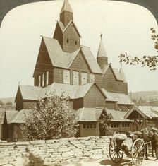 Many gabled timber church with 12th century arcade and turrets, Hitterdal, Norway c1905. Creator: Unknown