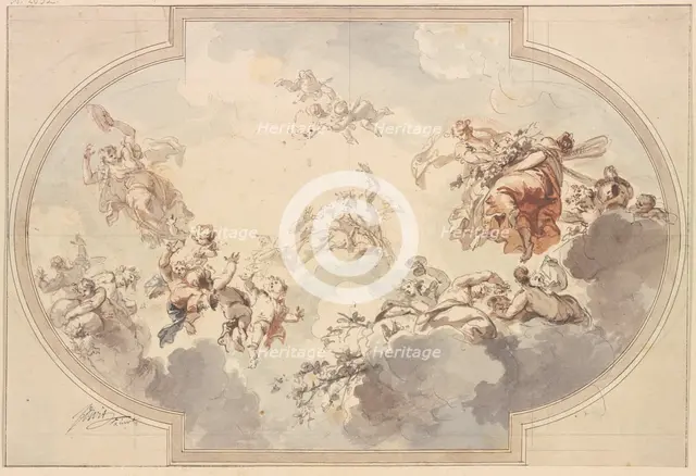 Many genii and Bacchantes float in clouds, early-mid 18th century. Creator: Jacob de Wit.