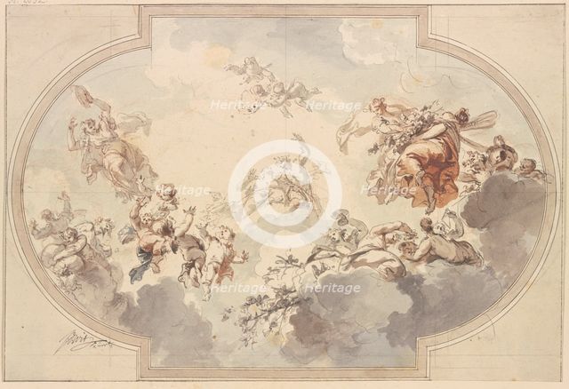 Many genii and Bacchantes float in clouds, early-mid 18th century. Creator: Jacob de Wit.