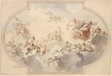 Many genii and Bacchantes float in clouds, early-mid 18th century. Creator: Jacob de Wit