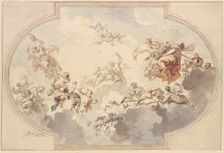 Many genii and Bacchantes float in clouds, early-mid 18th century. Creator: Jacob de Wit