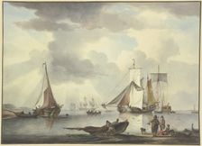 Many ships, on the right on the beach a woman and two men, one of whom holds..., 18th century. Creator: Leendert de Koningh