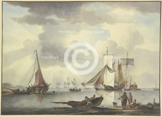 Many ships, on the right on the beach a woman and two men, one of whom holds..., 18th century. Creator: Leendert de Koningh.