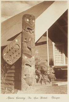 Maori carving, the Spa Hotel, Taupo. From the album: Record Pictures of New Zealand, 1920s. Creator: Harry Moult