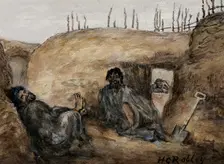 Maori warrior Reweti and a wounded comrade in the Gate Pa pits, 30 April 1864, (1864?). Creator: Major HG Robley