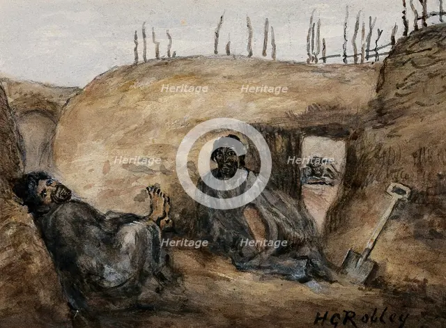 Maori warrior Reweti and a wounded comrade in the Gate Pa pits, 30 April 1864, (1864?). Creator: Major HG Robley.
