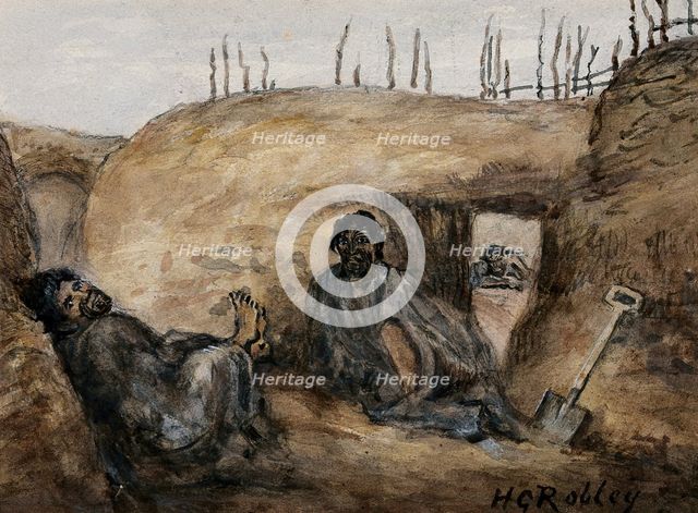 Maori warrior Reweti and a wounded comrade in the Gate Pa pits, 30 April 1864, (1864?). Creator: Major HG Robley.