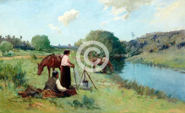 Maoris on a river bank, 1912. Creator: Frank Wright.