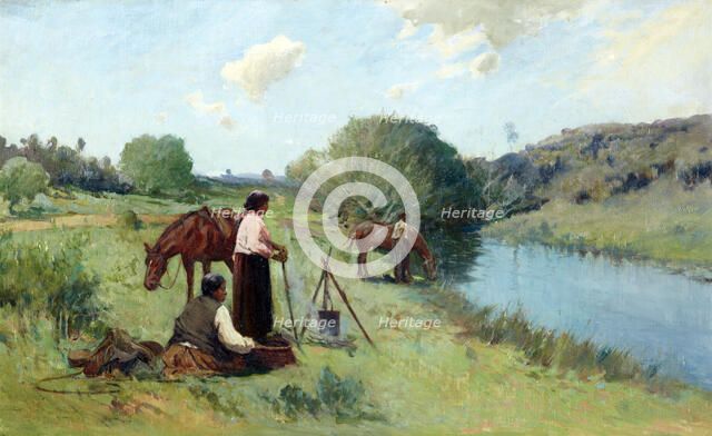 Maoris on a river bank, 1912. Creator: Frank Wright.