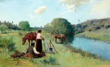 Maoris on a river bank, 1912. Creator: Frank Wright