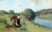 Maoris on a river bank, 1912. Creator: Frank Wright