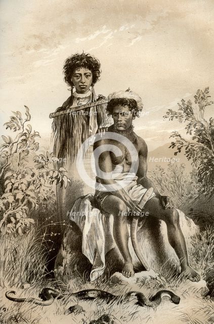 Maoris and carpet snake, New Zealand, 1879. Artist: McFarlane and Erskine