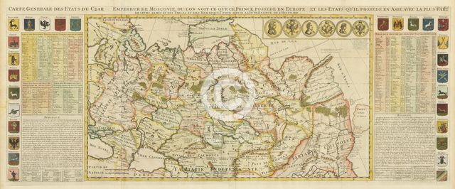 Map of Muscovy, with coats of arms, Russian coins of the day and explanatory panels.