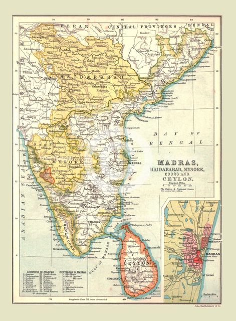 Map of Madras, Hyderabad, Mysore, Coorg and Ceylon, 1902.  Creator: Unknown.