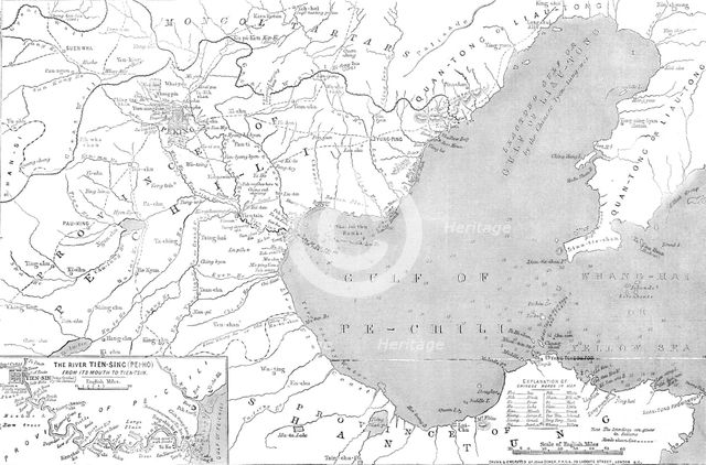Map of North-east China, showing the Gulf of Pechili, the Tien-Tsin (Peiho) River..., 1860. Creator: John Dower.