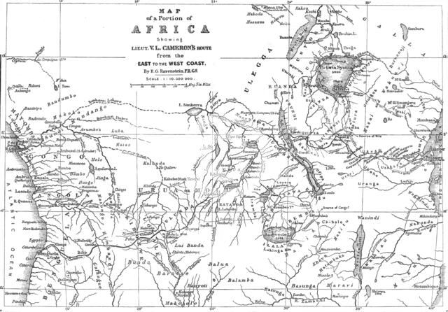 Map of a Portion of Africa, showing...Cameron's Route from the East to the West Coast...1876. Creator: Ernst Ravenstein.