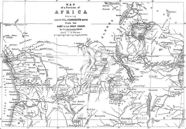 Map of a Portion of Africa, showing...Cameron's Route from the East to the West Coast...1876. Creator: Ernst Ravenstein.