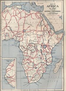 Map of Africa in 1891 showing routes of explorers, 1906
