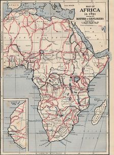 Map of Africa in 1891 showing Routes of Explorers