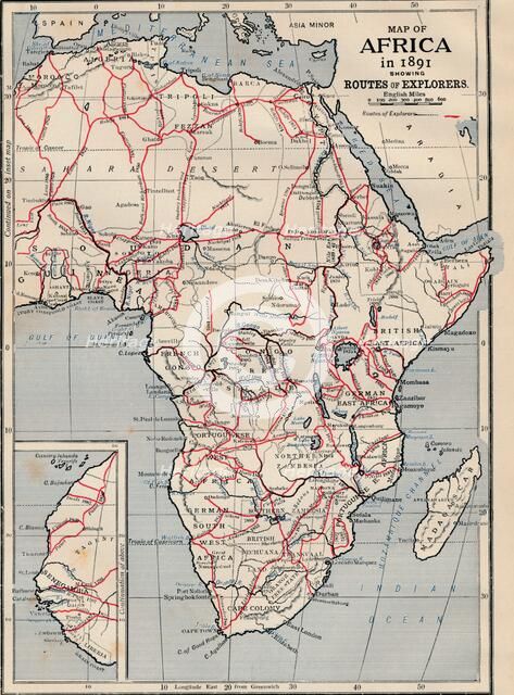 'Map of Africa in 1891 showing Routes of Explorers'. Artist: Unknown.