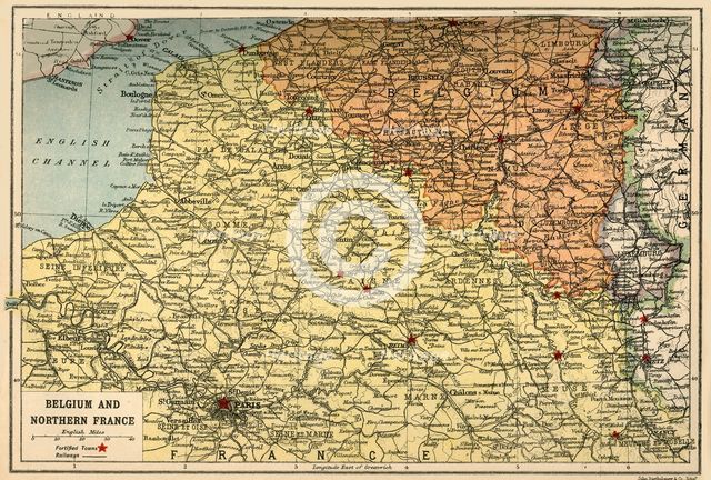 Map of Belgium and Northern France, c1914, (c1920).  Creator: John Bartholomew & Son.