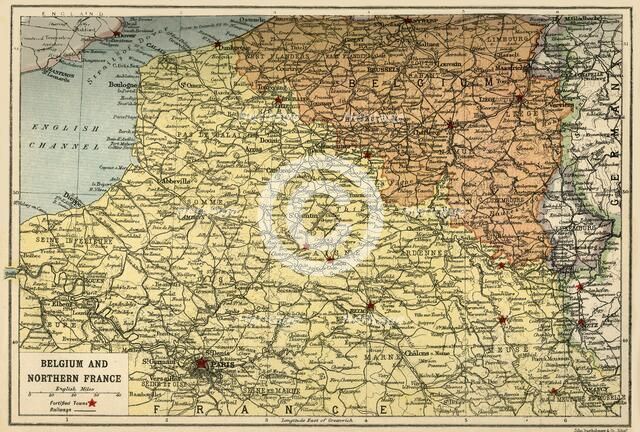 Map of Belgium and Northern France, c1914, (c1920).  Creator: John Bartholomew & Son.