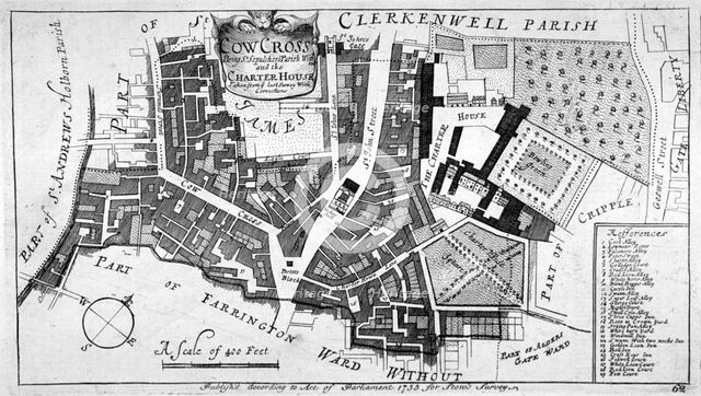 Map of Charterhouse and Cow Cross showing adjoining parishes and wards, London, 1755.                Artist: Anon