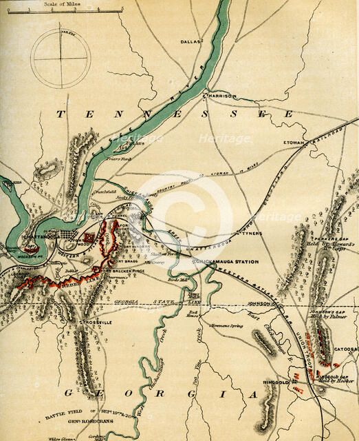 Map of Chattanooga and its defences, Tennessee, 1862-1867.Artist: Charles Sholl