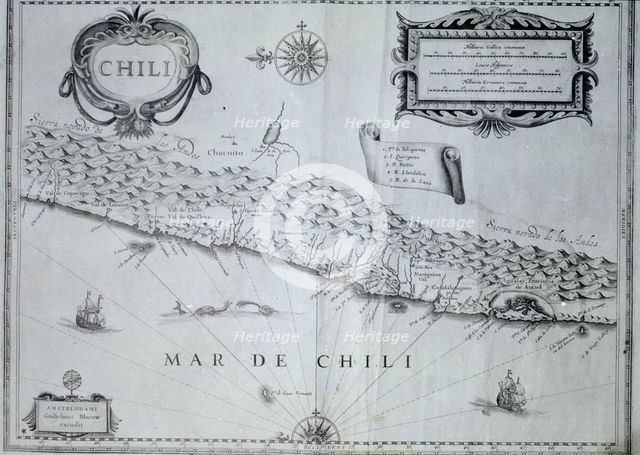 Map of Chile of the 17th century according to Guiljelmus Blaeuw.