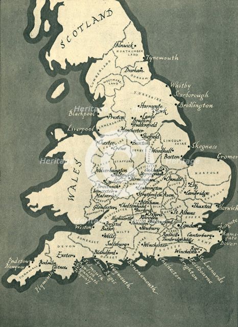 Map of England, with principal towns and cities, 1943. Creator: F Nichols.