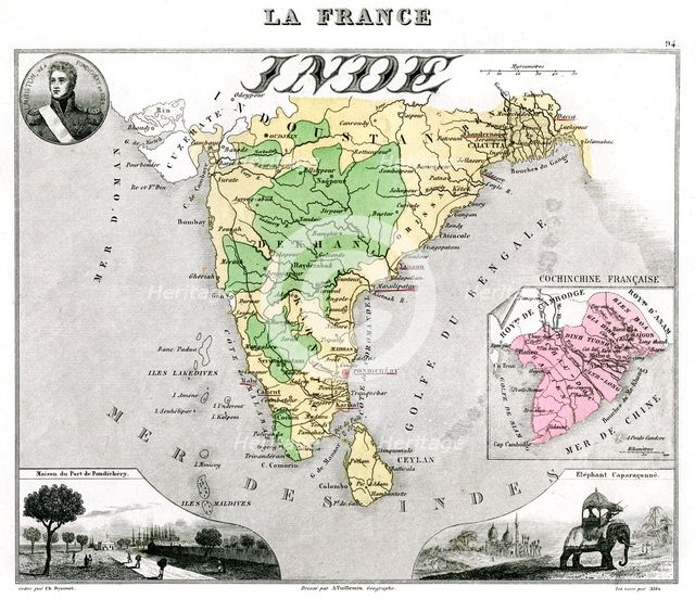 Map of French-occupied India, late 19th century.Artist: Edmond Dyonnet