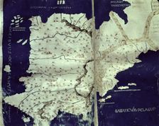 Map of Hispania engraving in the book Cosmographia manuscript of 1456, copy of a map of Cl…