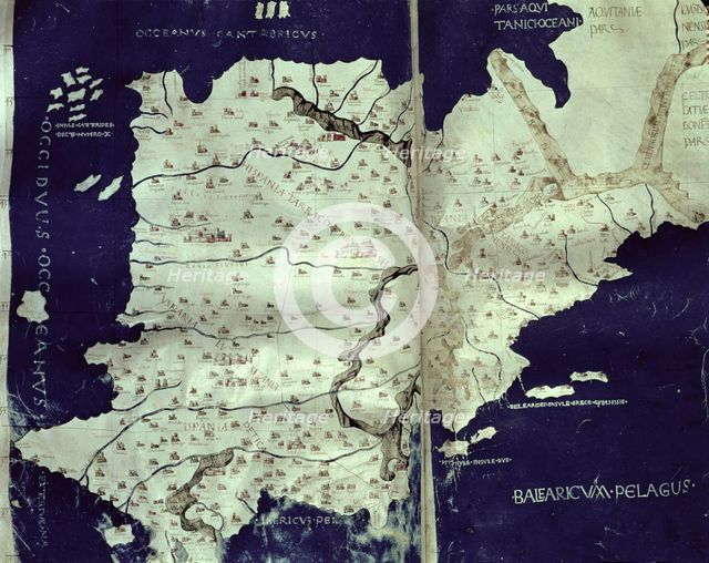  'Map of Hispania', engraving in the book 'Cosmographia', manuscript of 1456, copy of a map of Cl…