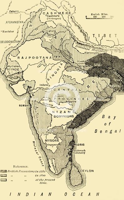 'Map of India, Showing the British Possessions in 1780,1800, and at the Present Time', 1890.   Creator: Unknown.