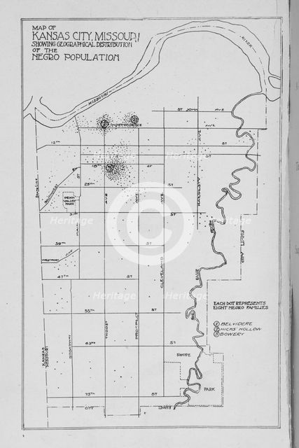 Map of Kansas City, Missouri; Showing geographical distribution on Negro Population, 1913. Creator: Unknown.