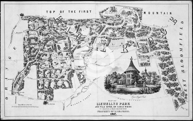 Map of Llewellyn Park and Villa Sites, on Eagle Ridge in Orange & West Bloomfield, 1857., 1857. Creator: Friend & Aub.