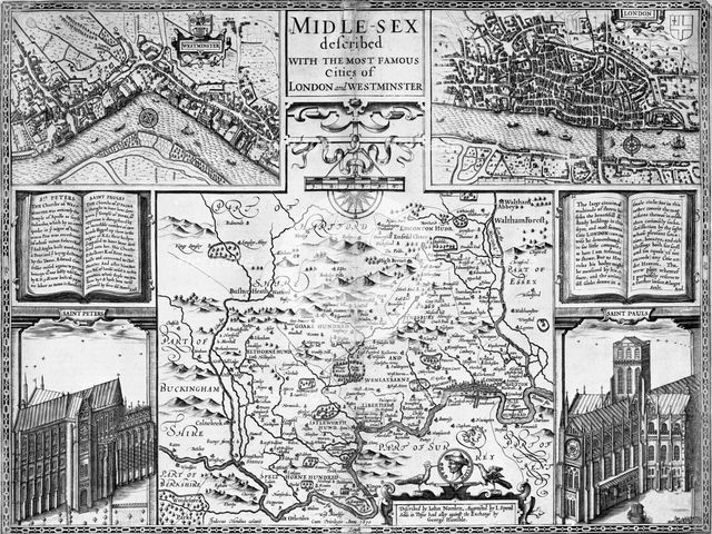 Map of London, Westminster and Middlesex, late 16th-early 17th century. Creator: John Speed.