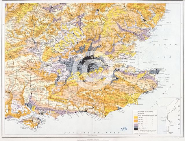 Map of London and south-east England, 1891. Artist: John Bartholomew