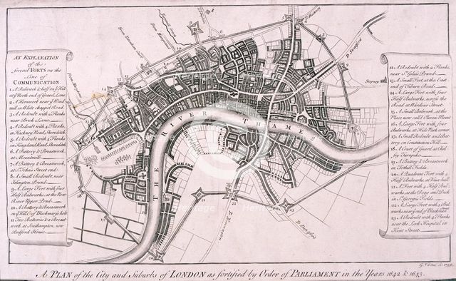 Map of London showing English Civil War Fortifications, c1642, (c1750). Artist: George Vertue