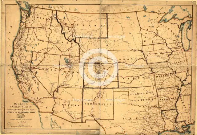 Map of part of the United States exhibiting the principal mail routes west of the Mississip...,1867. Creator: E. D. Boyd.