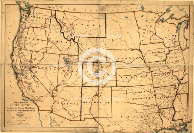 Map of part of the United States exhibiting the principal mail routes west of the Mississip...,1867. Creator: E. D. Boyd.