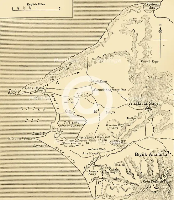 Map of Suvla Bay, Gallipoli peninsula, First World War, 1915, (c1920). Creator: Unknown.
