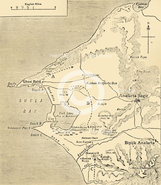 Map of Suvla Bay, Gallipoli peninsula, First World War, 1915, (c1920). Creator: Unknown.