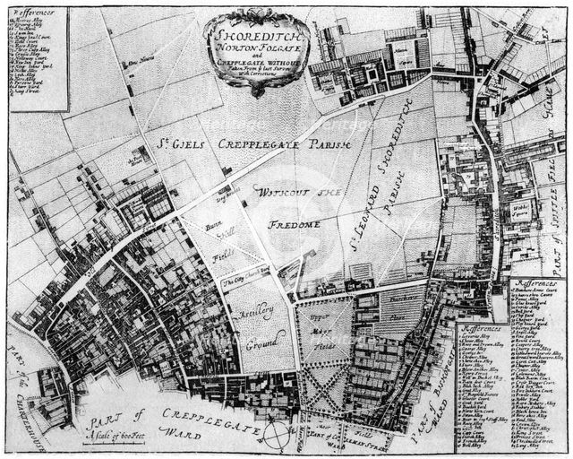 Map of Shoreditch, Norton Folgate and Cripplegate, (1907). Artist: Unknown