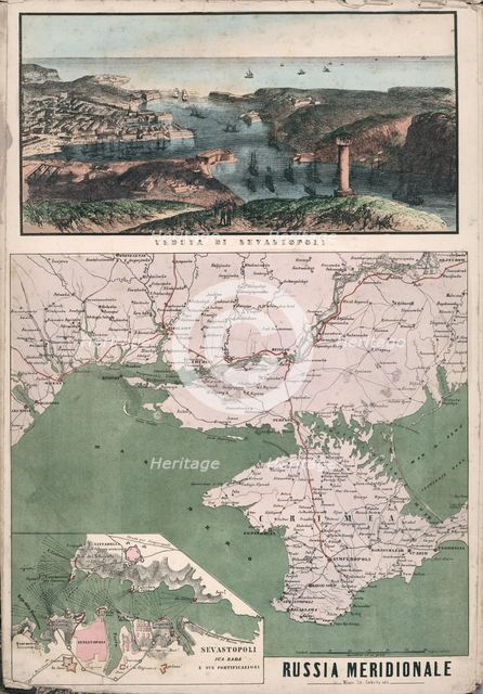 Map of southern Russia with view of Sevastopol Bay and its fortifications, 1853. Creator: Civelli, Giuseppe (1816-1882).