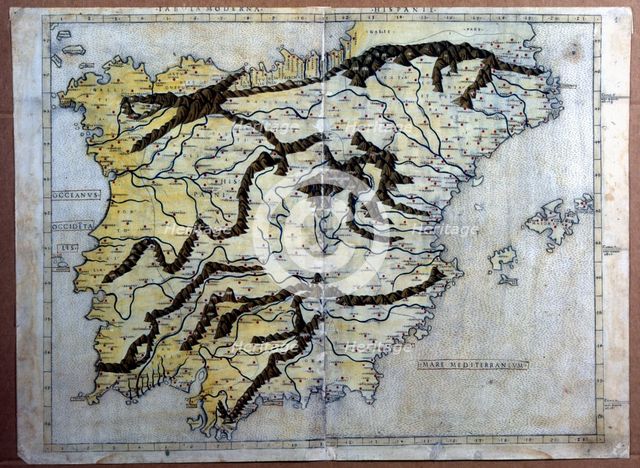 Map of Spain, underlining the mountain systems, Incunabulum, Florence, 1482.  Creator: Berlinghieri, Francesco di Nicola (1440-1501).